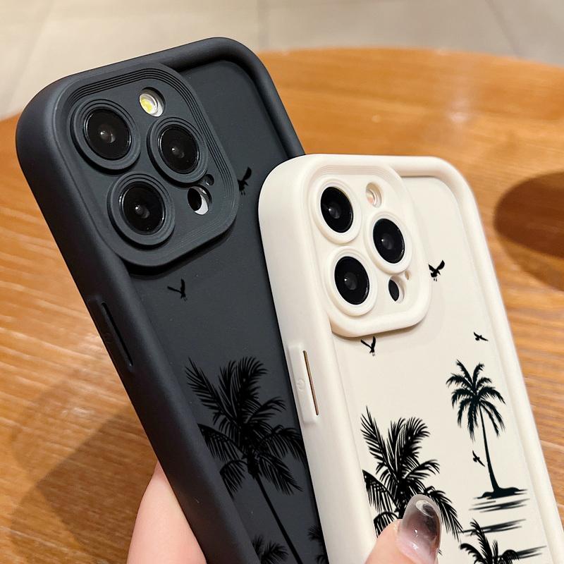 Coconut Tree Pattern Matte Phone Case For iPhone 16 Pro Max 15 Pro 14 13 12 11 Lens Protection Shockproof Soft TPU Bumper Cover