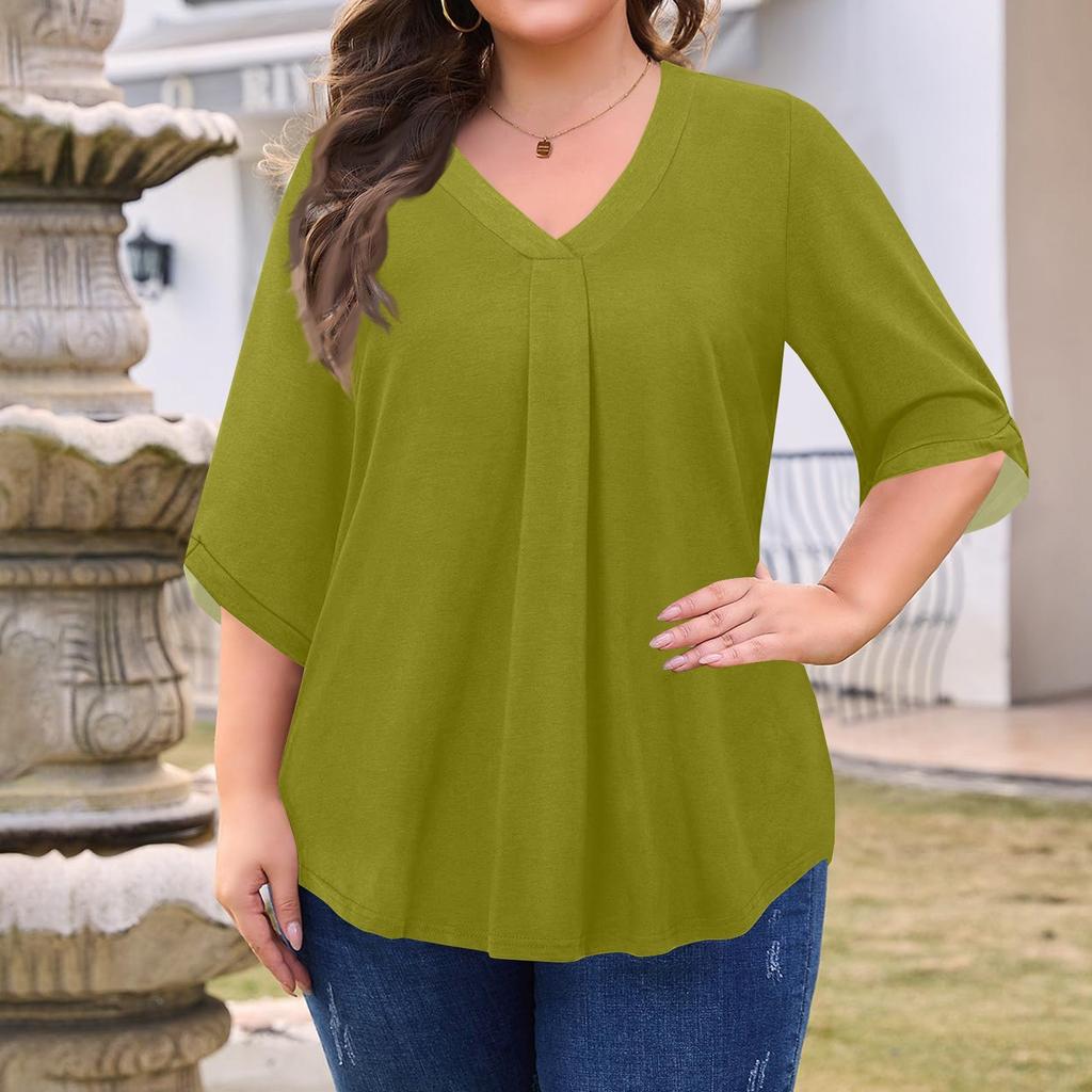 Women's Fashion Large Size Solid Color V-Neck Three-quarter Sleeve Top