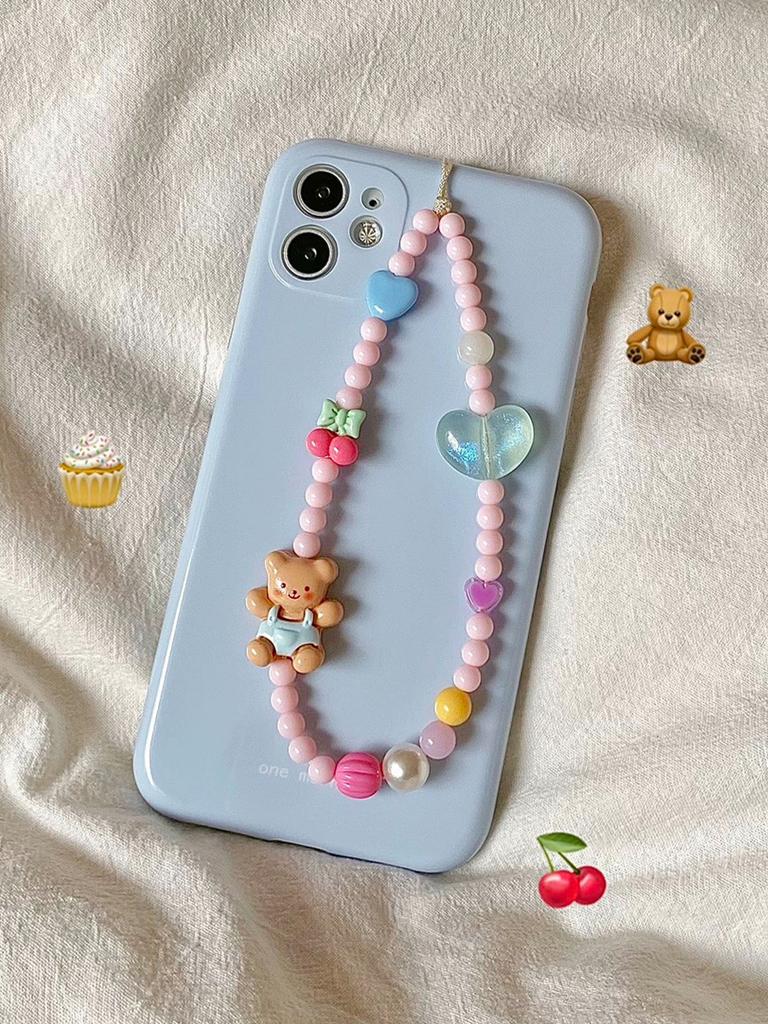 Cute Teddy Bear Mobile Phone Chain Original Design Fresh And Youthful Girl Heart Instagram Style Pink Cherry Heart Beading, Ni