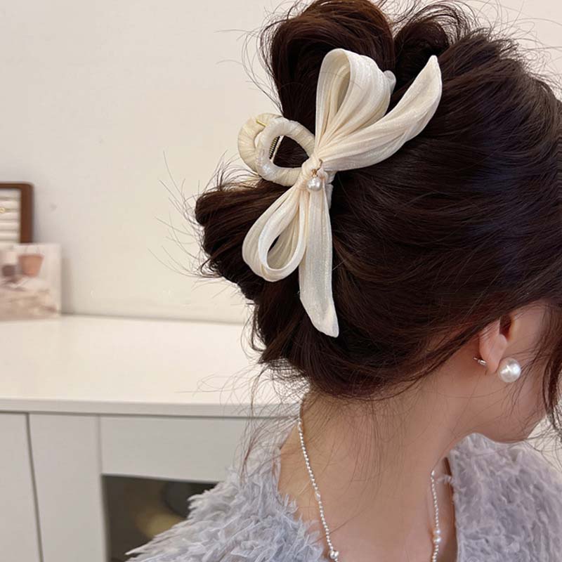 Elegant White Bowknot Hair Claws for Women  Korean Simple Large Size Pearl Mesh Shark Hairpin Hair Claw Hair Accessories