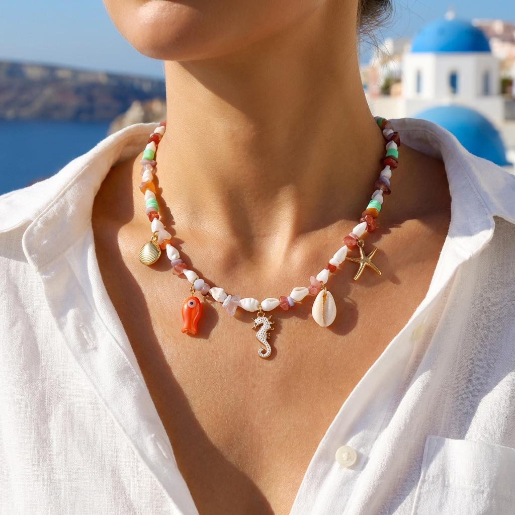 Bohemian Imitation Pearl Beaded Chain Necklace for Women Ocean Series Starfish Shell Conch Pendant Choker Beach Party Jewelry