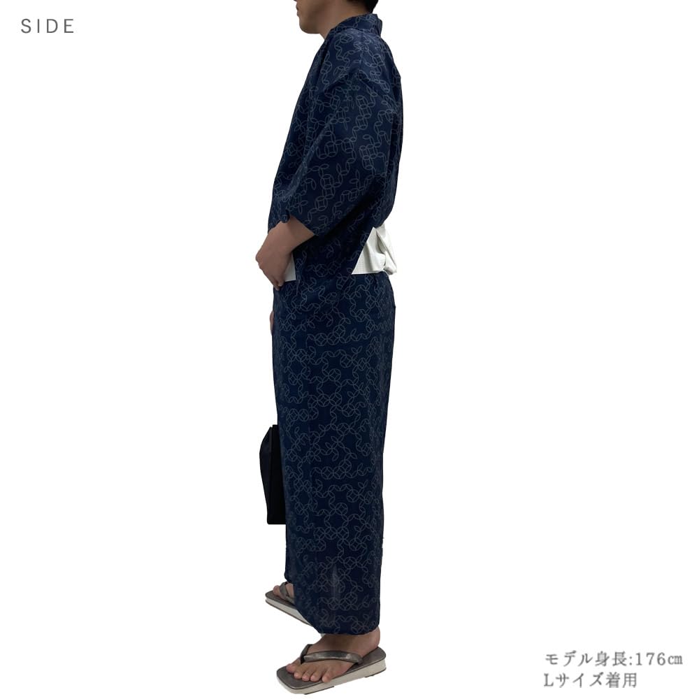 Kyoto Kimono Yuzen Men's Yukata Set (2 Pieces) - Cotton, Square Obi, Men's Kimono, Waterfall Shippo Pattern, Black (Black, M)