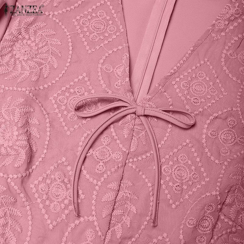 ZANZEA Women Casual V-Neck 3/4 Sleeve Loose Patchwork Embroidery Long Dress