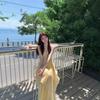 French fairy temperament seaside vacation dress pendant yellow smudge print v-neck suspender dress female summer