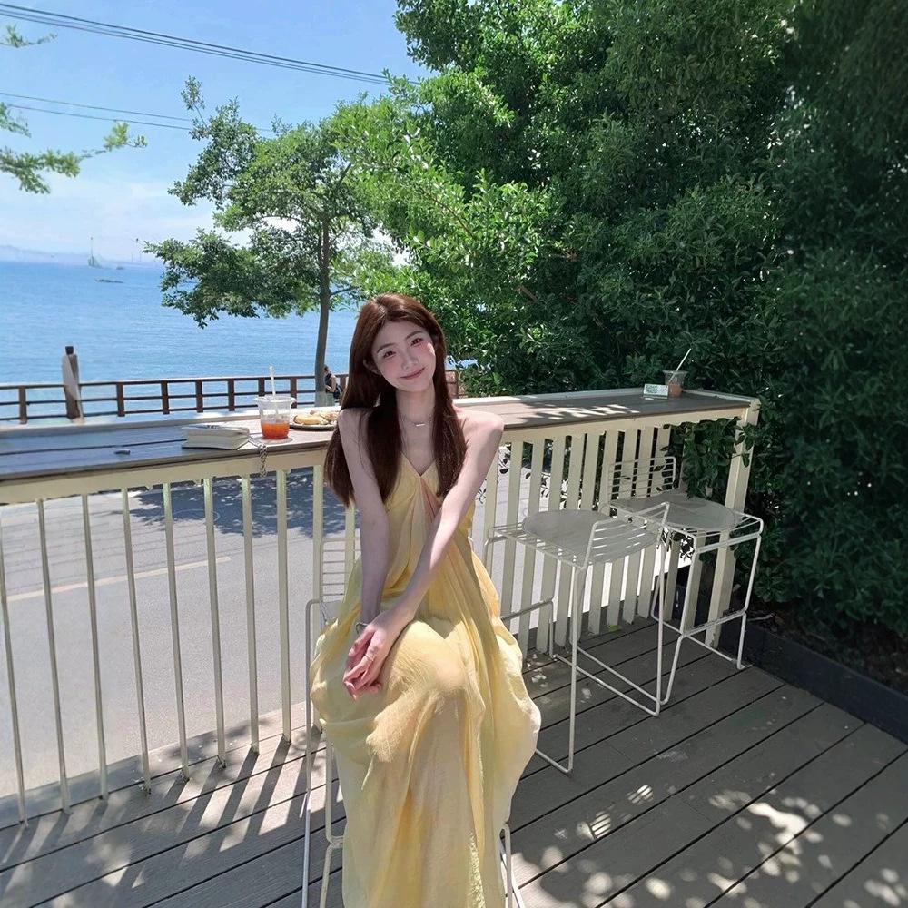 French fairy temperament seaside vacation dress pendant yellow smudge print v-neck suspender dress female summer