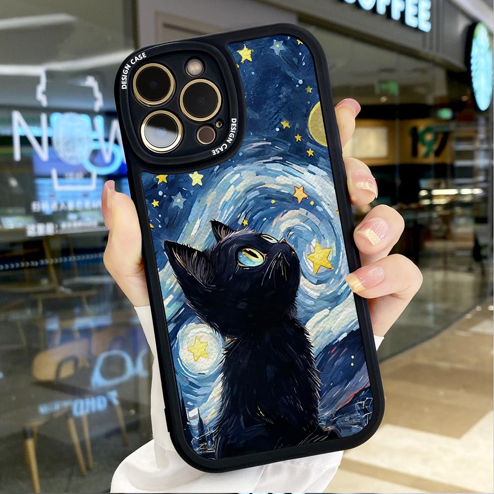 The Starry Night Black Cat PU Leather Phone Case for iPhone 15 14 13 12 Pro Max Samsung Galaxy S23 Ultra S20 FE A52 Redmi Xiaomi POCO Soft Cover