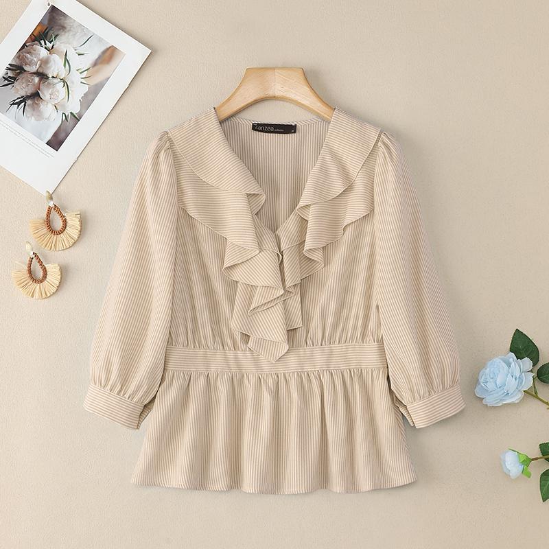 

ZANZEA Женская летняя блузка с оборками, V-образным вырезом, рукавом 3/4 и полосатым принтом 5XL абрикосовый