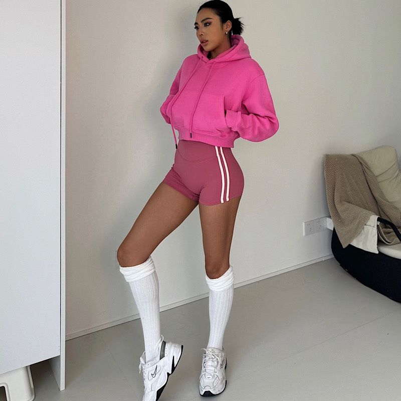 

Akiyo Studio Fleece-lined Sweater Hooded Outwear Fashion Long Sleeves Short Waist-Controlled Top Female Workout Clothes Pink Hooded S