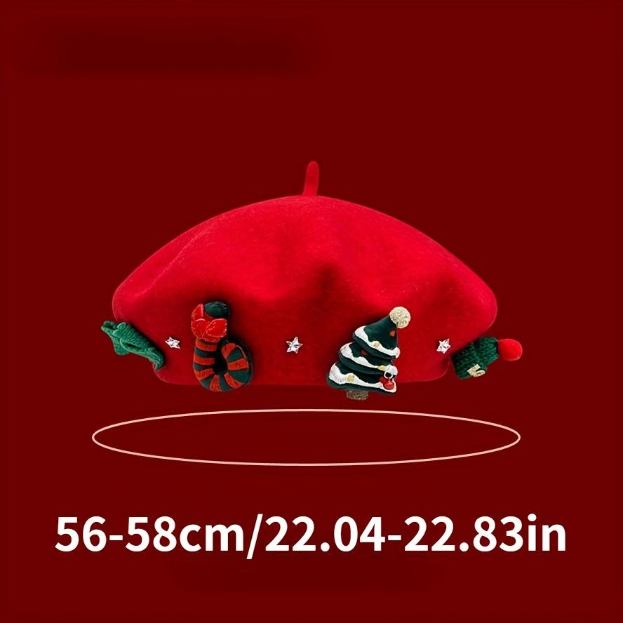Lady's Red Christmas Beret with 3D Christmas Tree Decoration - Elastic Drawstring Closure, Lightweight