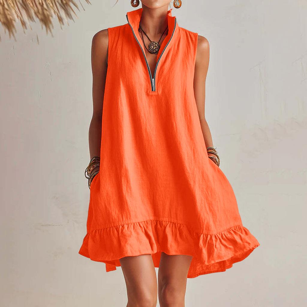 Women's Sleeveless V Neck Zip Front Summer Dress Loose Fit Ruffle Hem Casual Lightweight Linen Mini Dress