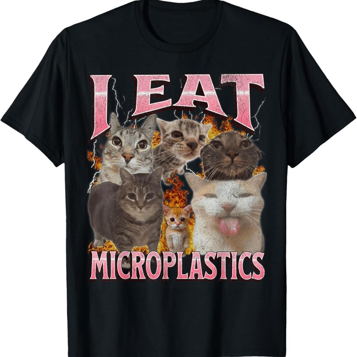 I Eat Microplastics Funny Cat Meme Bootleg Graphic T-Shirt for Men Women(2) S чёрный