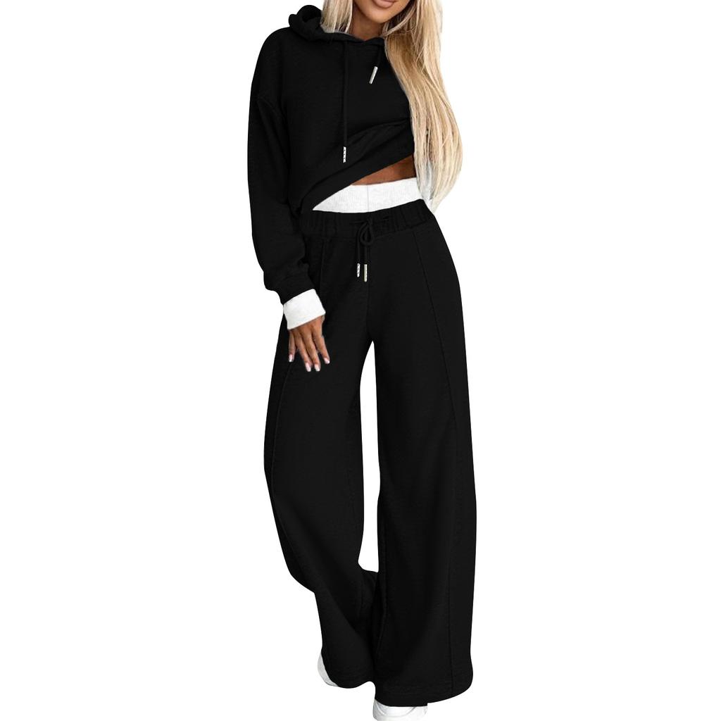 Women's Solid Color Long Sleeve Casual Hooded Sweatshirt Sport Wide Leg Pants Set