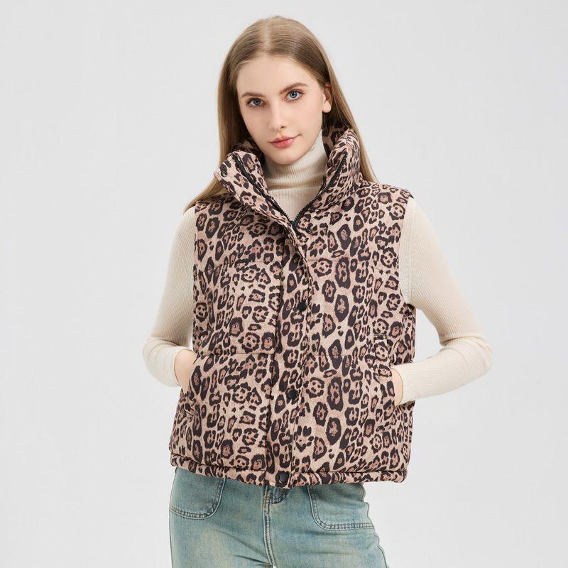 Mode Leopardenmuster Kurze Weste Stehkragen Warm Ärmellose Jacke Damen Oberbekleidung Herbst Winter