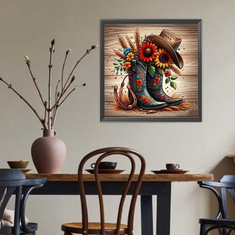 40x40cm Cowboy Boots 5D DIY Full Drill Round Diamond Painting Kit Home Decor