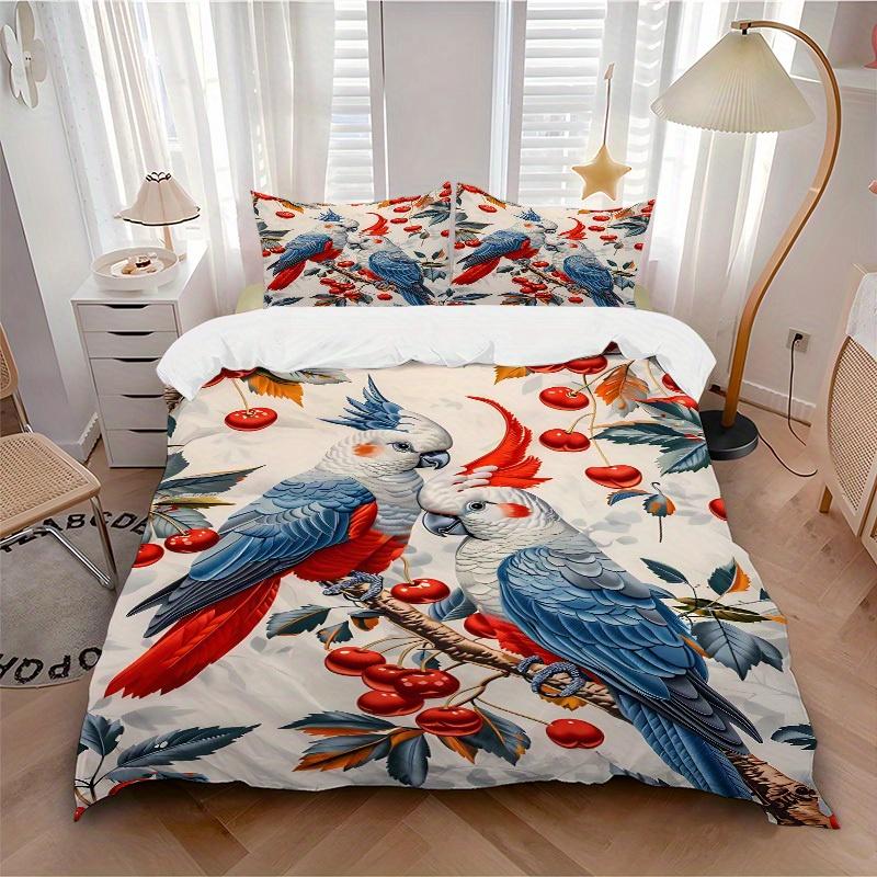 

3pcs Parrot Cherry Bedding Cover Set, Fashion Classic Popular Print Bedding Set, Soft Comfortable, All - Season Use, For Bedroom, Guest Room155 135x200cm