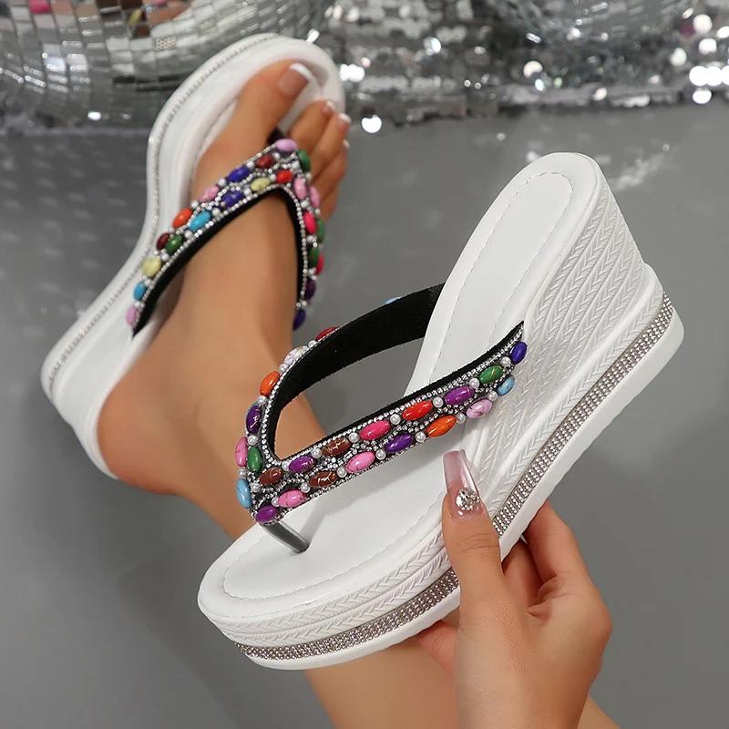 Fashion Colorful Beaded Wedge Heel Flip Flops for Women Fashion Clip Toe Chunky Platform Sandals Woman Summer Thick Sole Beach Slippers