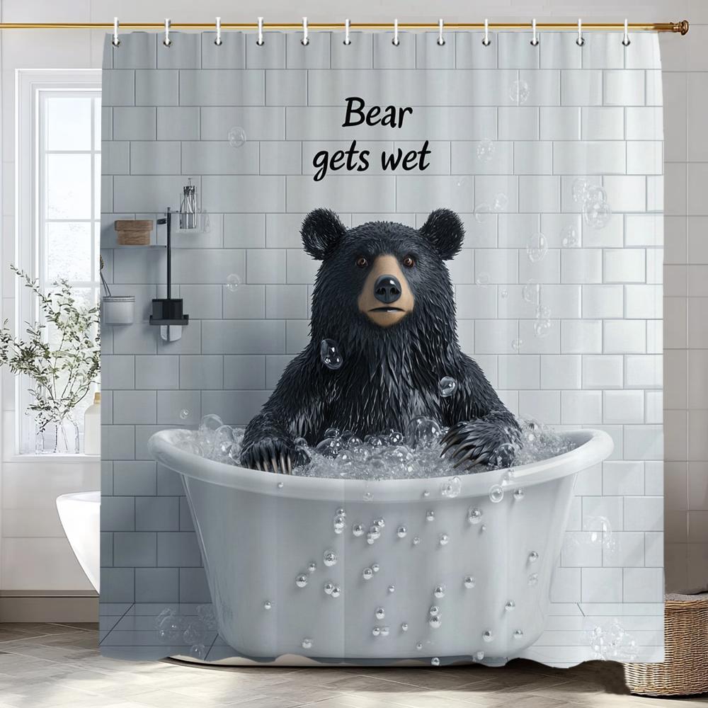 Cute Black Bear Bathing in the Bathtub Shower Curtain, Bathroom Decorative Shower Curtain, Waterproof Shower Curtain with Hooks