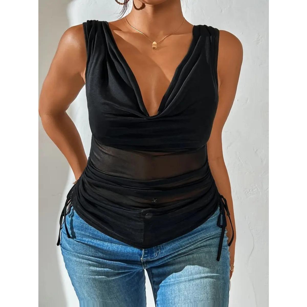Women s Cowl Neck Sleeveless Mesh Tank Top Slim Fit Sexy Solid Color Drawstring Ruched Camisole Top S