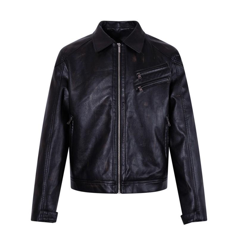Mens Punk Style Faux Leather Jacket With Multiple Zippered Pockets Relaxed Fit Collar Coat Casual Wear