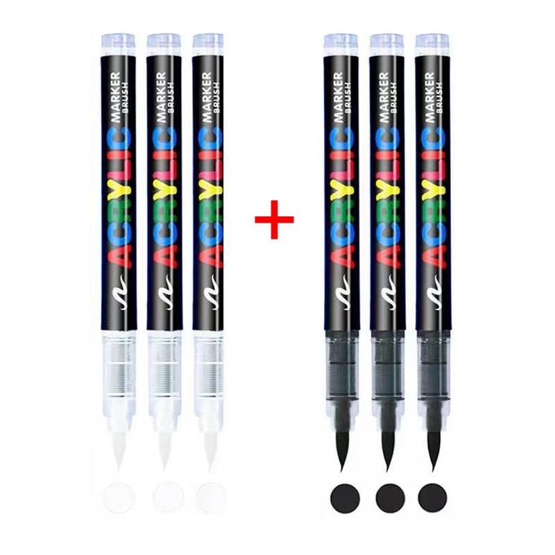 3/6Pcs Acrylic White Marker Brush Pens Black Paint Art Markers Set for Rock Painting Stone Ceramic Wood Tire Fabric Metal Canvas