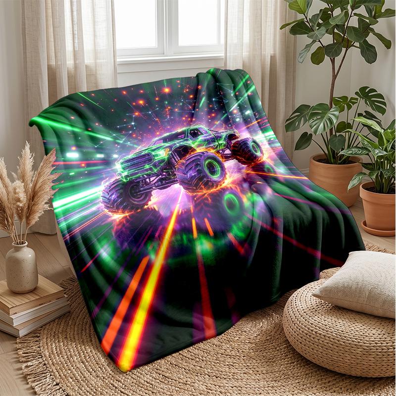 Neon Monster Truck Theme Blanket Lightweight Warm Flannel Blanket Decorative Throw Blanket for Home Decoration