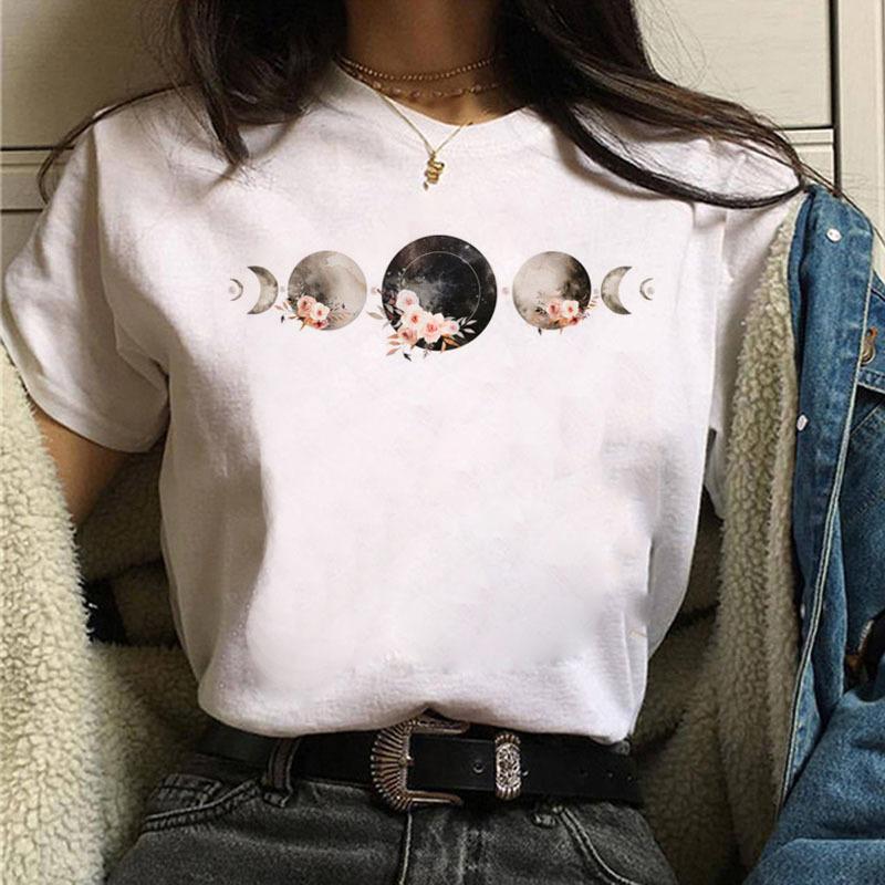Summer Fashion Printed Moon Moon Eclipse Loose Half Sleeve Letter Cotton T-Shirts Women’s