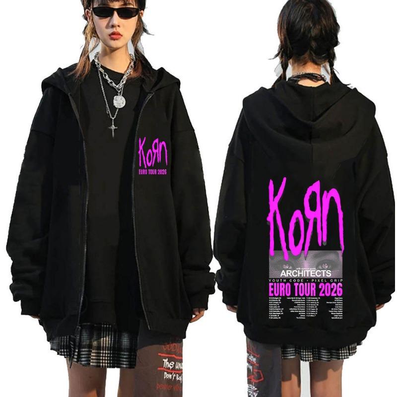 Korn Tour 2026 Merch Zipper Hoodies Fan Gifts Metal Punk Gothic Rock Band Fashion Casual Zip Up Hooded Sweatshirts Jackets Coats