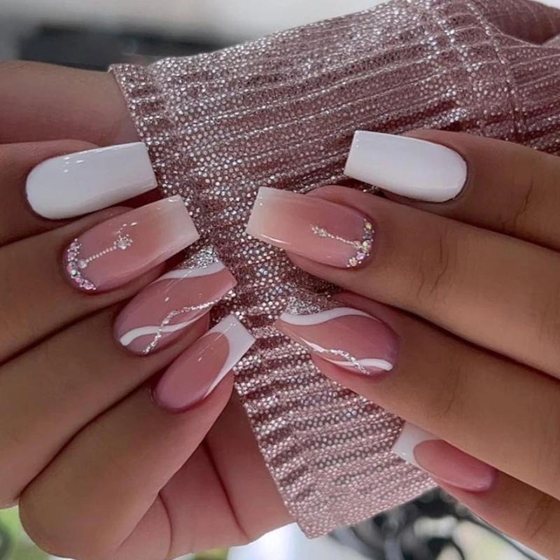 24Pcs French Long Ballet Square Fake Nails Removable Full Cover Press On Nails Acrylic False Nail Tips