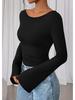 2025 Autumn Women's Solid Color Boat Neck Bell Sleeve Slim Fit Ruched Long Sleeve Top