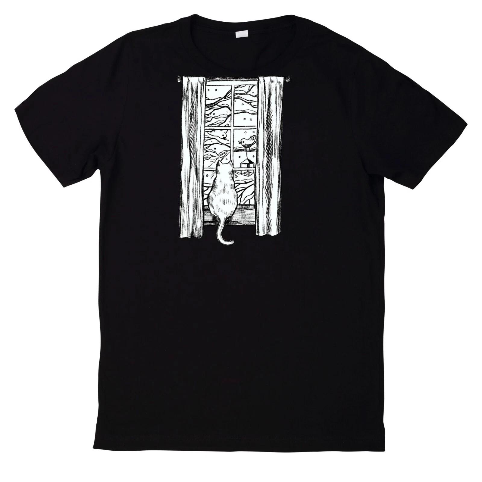 T-Shirt Katze Schaut Aus Dem Fenster Motiv Baumwolle XS