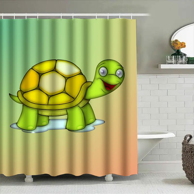 Kids Cartoon Turtle Shower Curtain Cute Children'S Bathroom Decor Waterproof Fabric Available In Multiple Sizes For Home Bathing