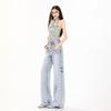 Women's Retro Sky Blue High-Waist Jeans, 2026 Spring/Summer Collection - Loose, Slimming, Floor-Length, Straight-Leg Versatile Pants