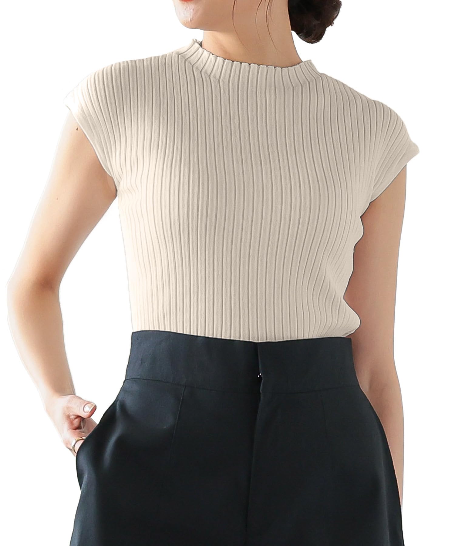 

Летний элегантный трикотаж без рукавов в рубчик, свободный мок-воротник, бежевый [Kobe Lettuce], лето, одежда, женский, рукав, трикотаж, топ, для работы, [C6083], размер, M,