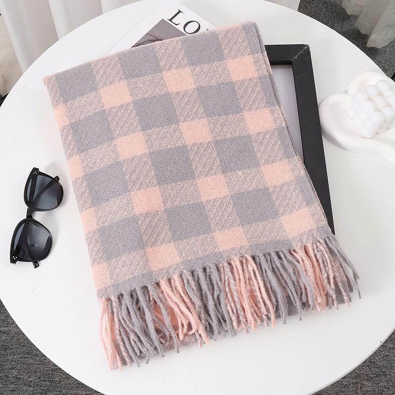 Women's Faux Cashmere Plaid Scarf - Korean Style, Thick & Warm Autumn/Winter Shawl