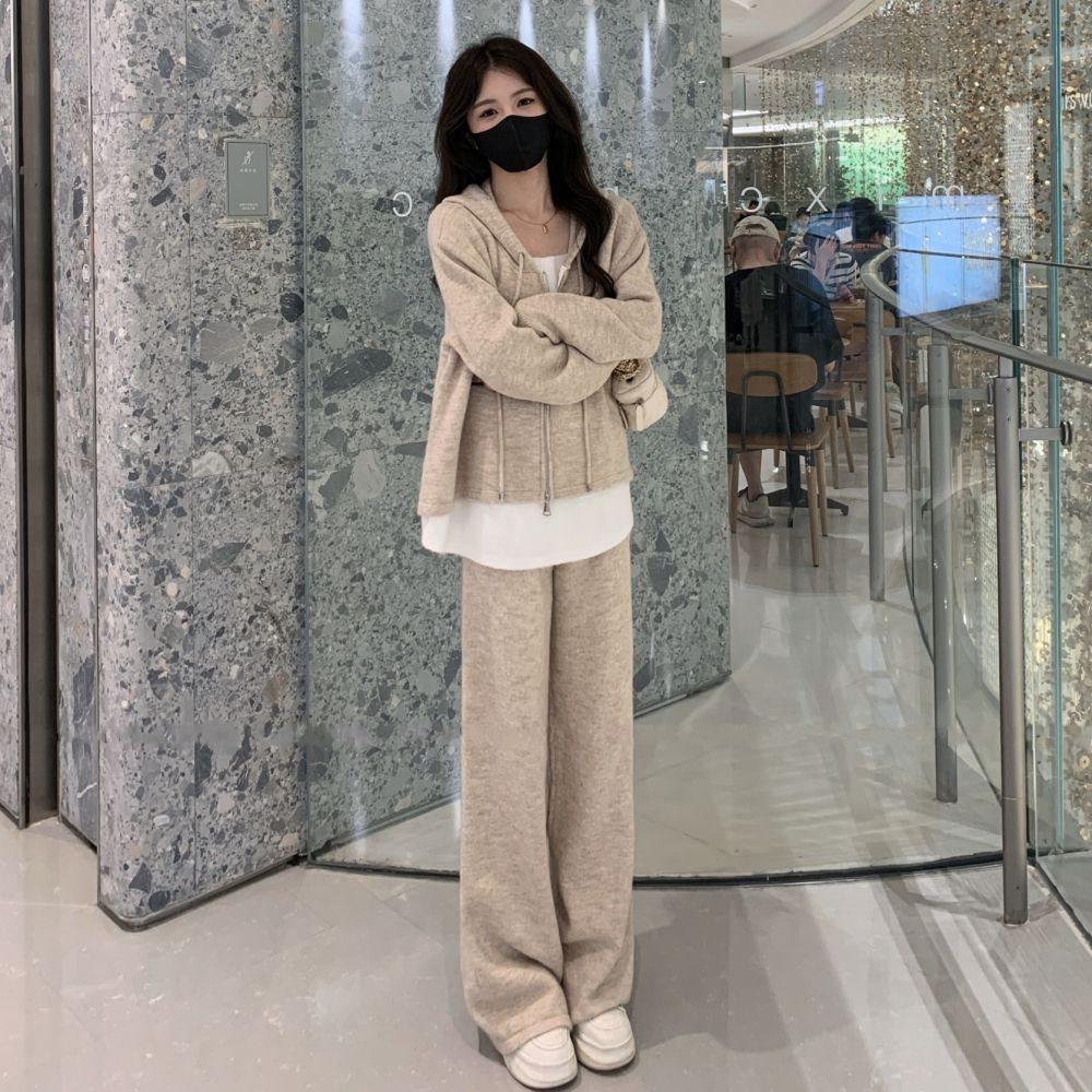 Ensemble décontracté deux pièces pour femmes Printemps 2025: Cardigan Sweatshirt Faux Deux Pièces & Pantalon Large