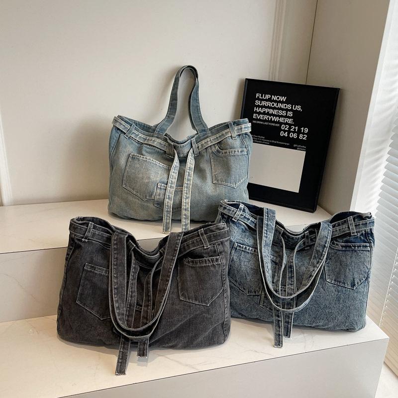Vintage Shoulder Bag Women's Denim Tote Bag Large Capacity Student Class Bag