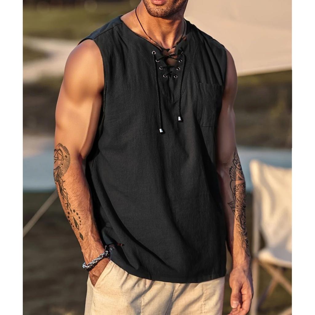 Cotton Linen Men's SleevelessT-shirt Vintage Lace Up V-neck Breathable Lightweight Vest Basic Style Male Casual Tank Tops