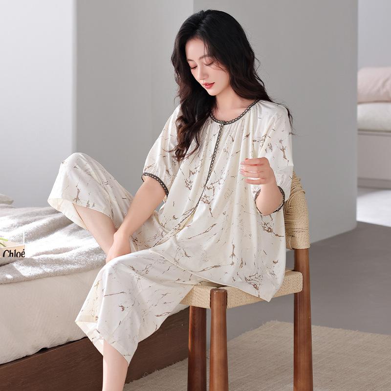 Pajamas Women's Summer Modal Short Sleeve Cropped Pants Women's Summer 1011 New Ice Silk Mom Loungewear