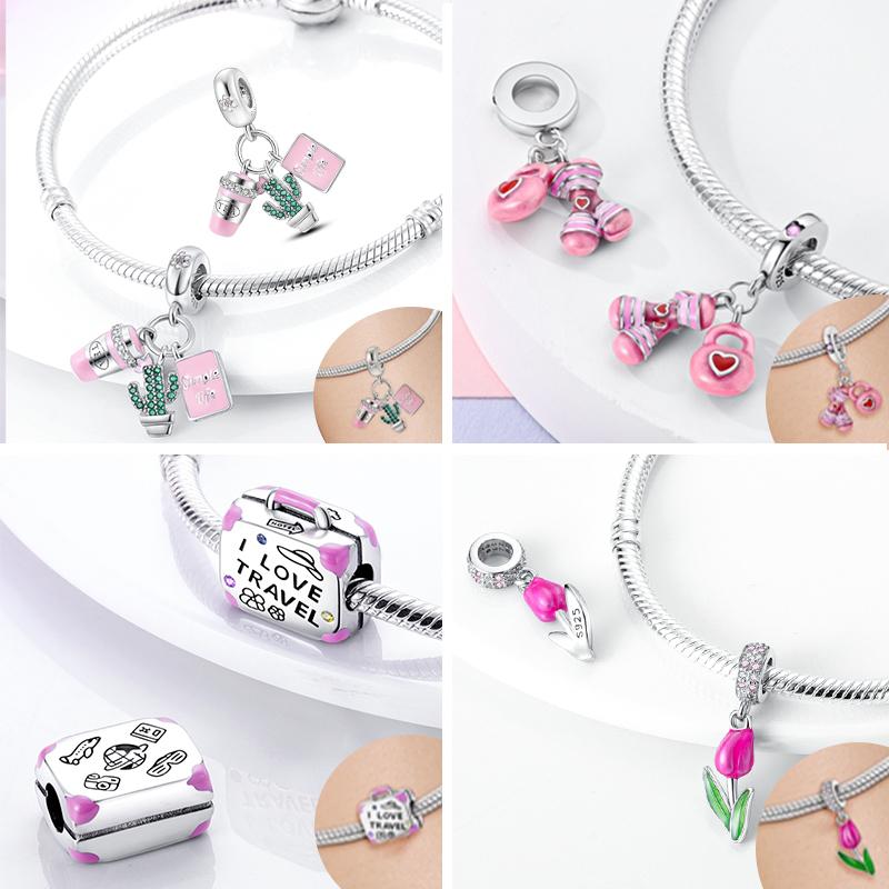 Neu eingetroffen 925 Silber Charms Perlen Liebesherz Rosa Charm-Perlen Anhänger Passend für Armbänder DIY Schmuck Frauengeschenk
