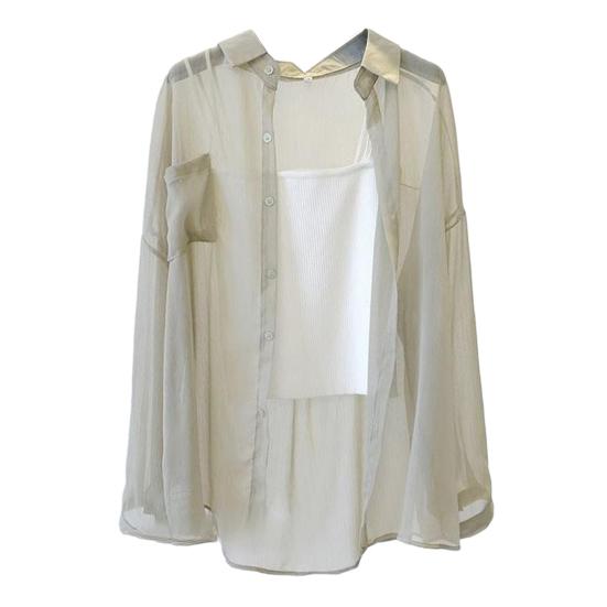 Top de playa para mujer, fino Anti-UV, manga larga, Color sólido, suelto, suave, informal, solapa, camisa AC para primavera y verano, abrigo de protección solar