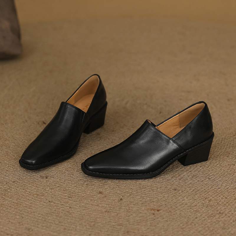 Krazing Pot Cow Skin Fashion Spring Autumn Thick High Heels Women Round Toe Office Lady Retro Fashion Pumps