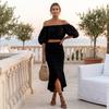 Women's Off Shoulder Short Sleeve Top High Waist Long Skirt Set - Two Piece Casual Outfit