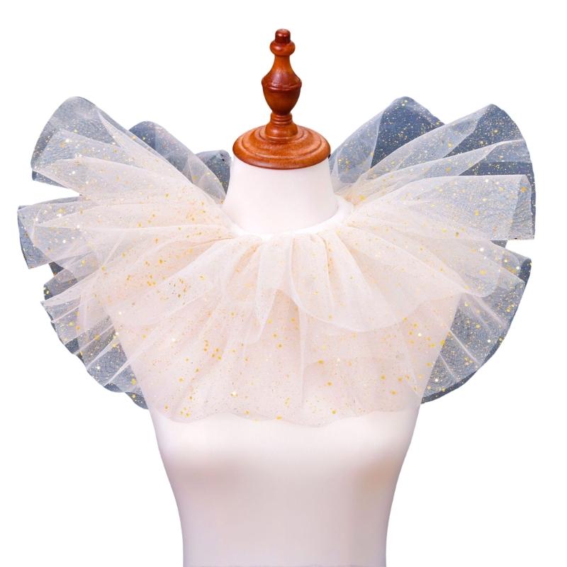 

Victorian Layered Tulle Detachable Neck Ruff with Sparkling Glitter Dots Clown Faux Collar for Women Cosplay Shawl Wrap білий