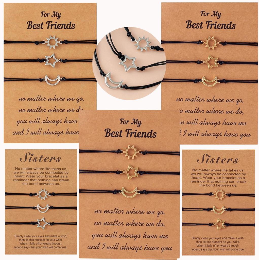 3pcs Adjustable Sun Moon Star Matching Bracelets Handmade Woven Bracelet Friendship Jewelry for Best-Friend Sister