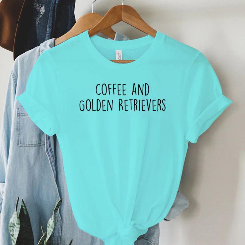 Coffee and Golden Retrievers Shirt Dog Lover Gift Tshirt Female Womens Clothing Round Neck Casual Tops Womens Clothing Sales