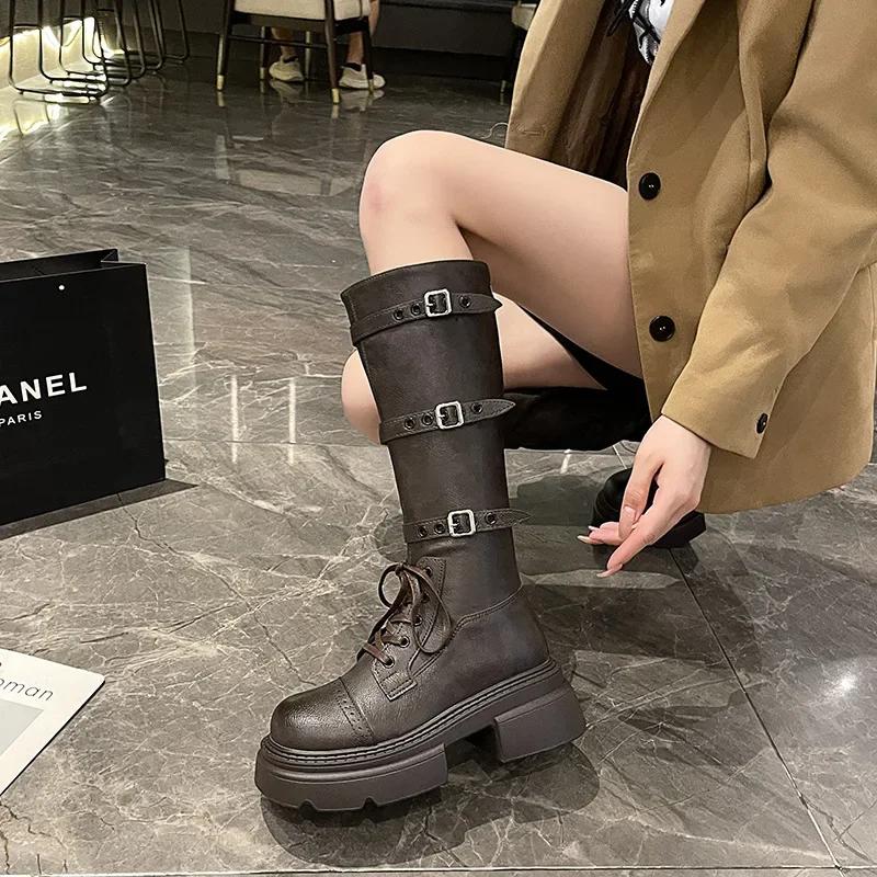 Fashion Fashion Punk Metal Buckle Platform Leather Knight Boots Shoes for Women Designer Soft-soled Autumn Witner Women Knee-high Boots