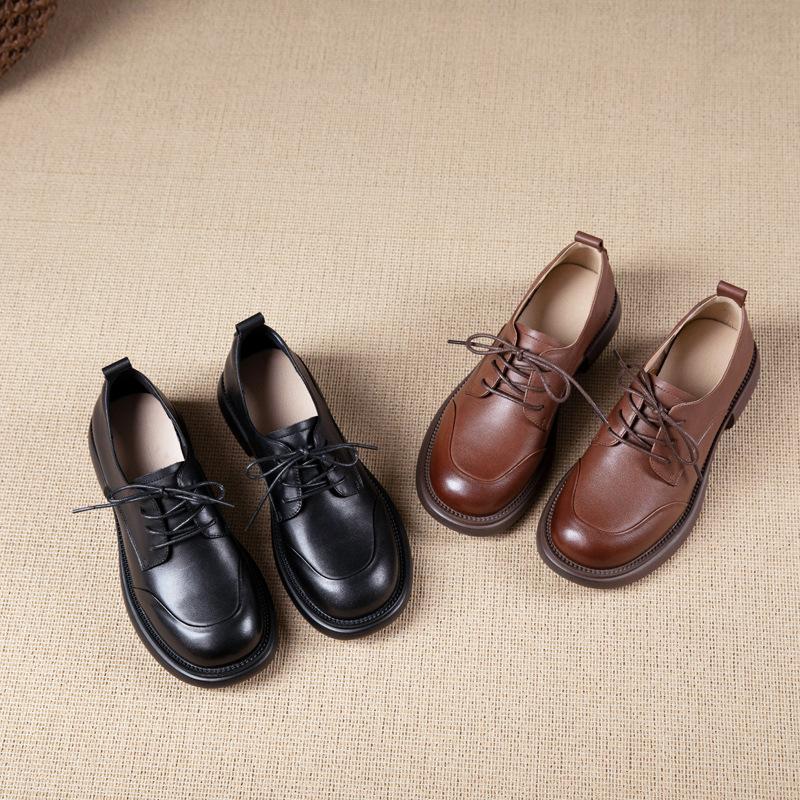 First Layer Cowhide Loafers Women's Spring and Autumn New Models One-pedal British Style Lace-up Work Small Leather Shoes Women's Shoes