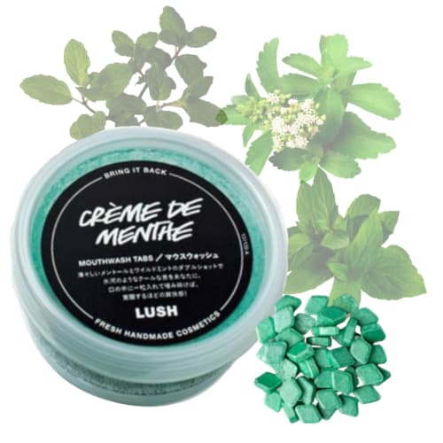 LUSH Creme de Menthe Ústní voda, Zubní tablety, Zubní pasta, Ústní hygiena, Bělení, Samobělení, Prevence zápachu z úst