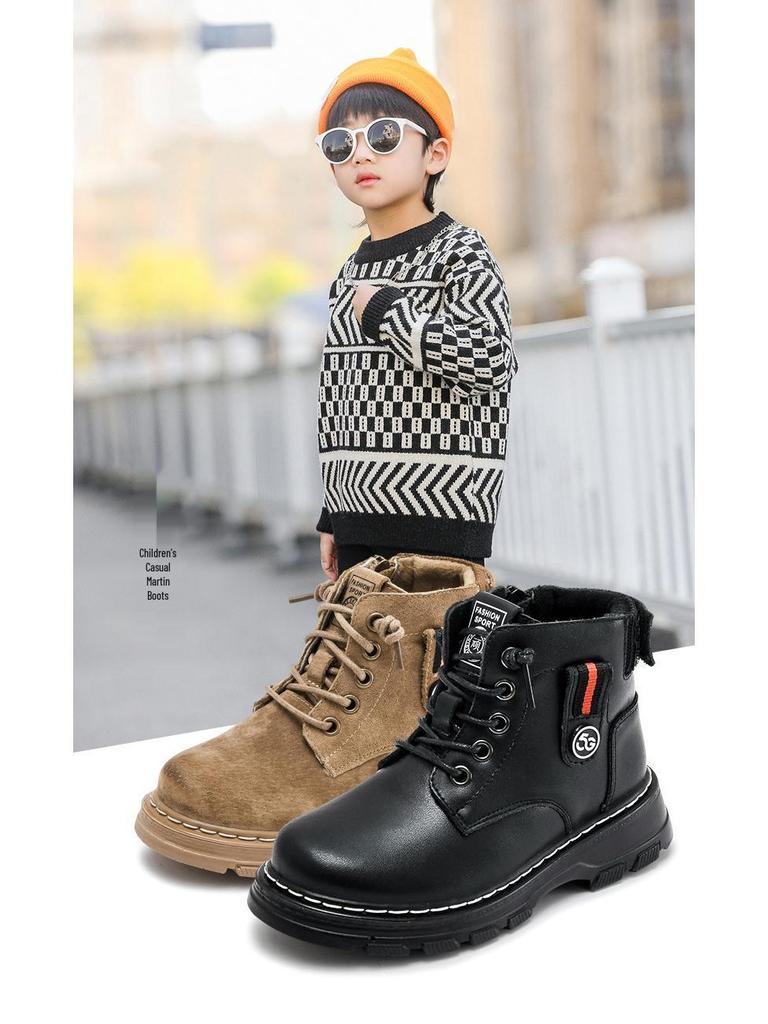 Children's Black Martin Boots - Boys' 2025 Autumn & Winter Non-slip Velvet Hiking Boots