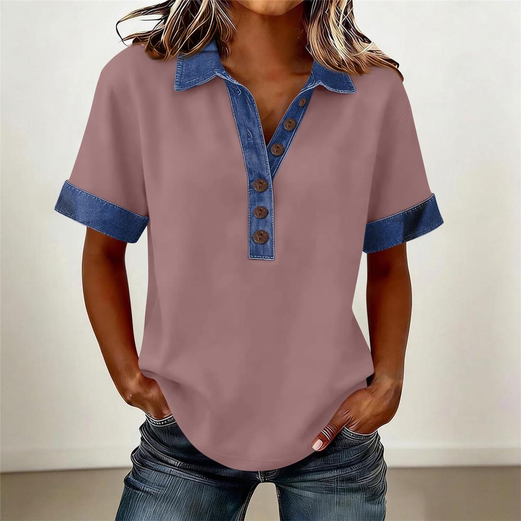 Denim Patchwork Shirts For Women Stand Collar Casual Blouse Short Sleeve Comfy Tshirt Spring Summer Fashion